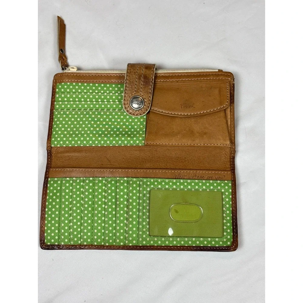 Fossil Patchwork Floral Bifold Wallet Leather Trim Green Polka Dot Organizer